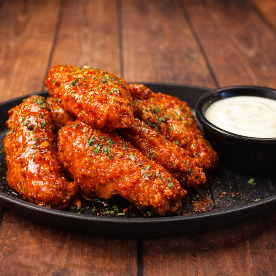 Spicy buffalo chicken wings with ranch dipping sauce on a black plate, on a wooden table.