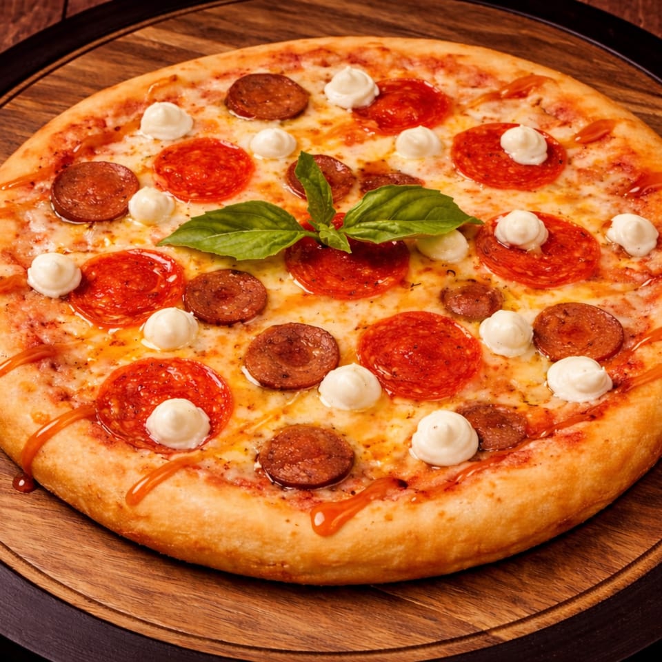 A pepperoni and sausage pizza with dollops of white cheese and basil on a wooden board.