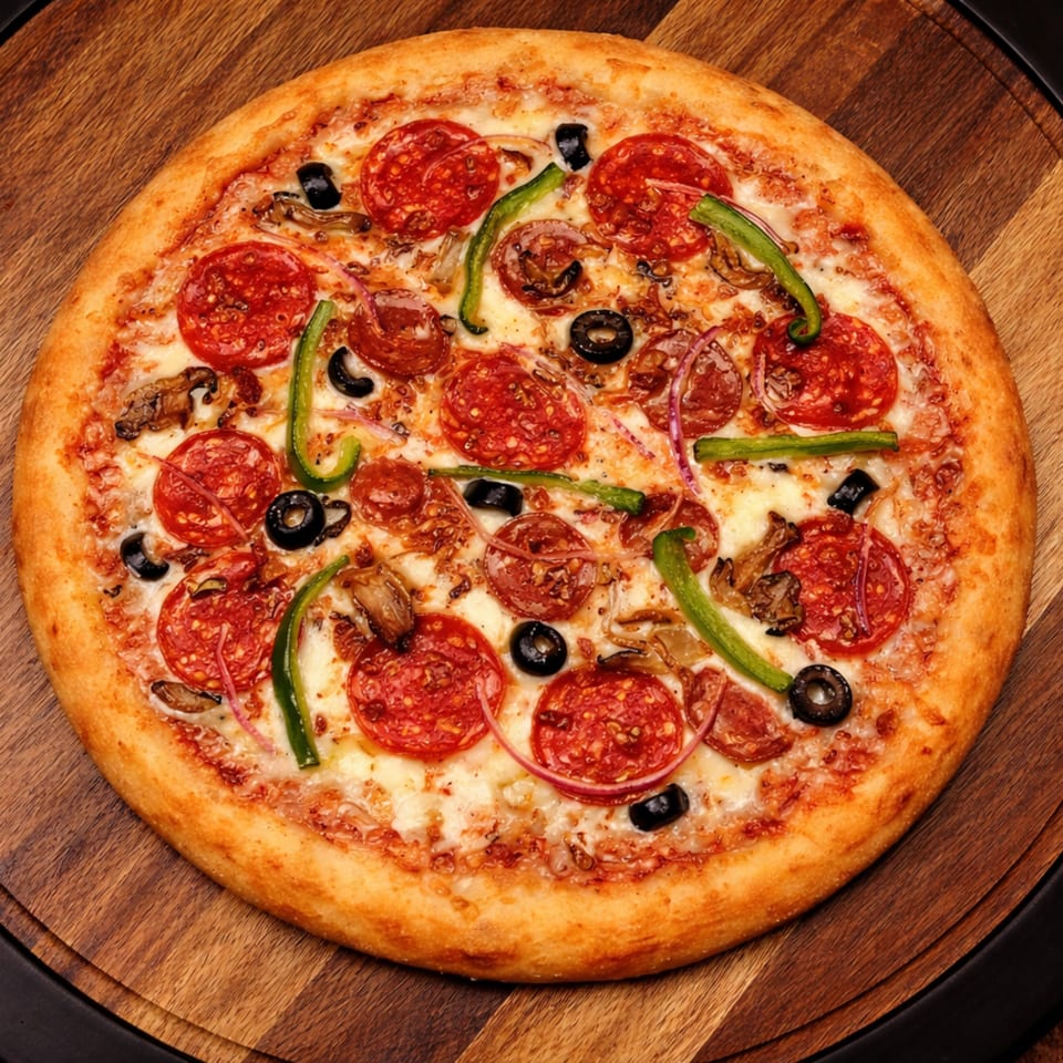 A whole pepperoni pizza with green peppers, black olives, mushrooms, and red onions on a wooden board.
