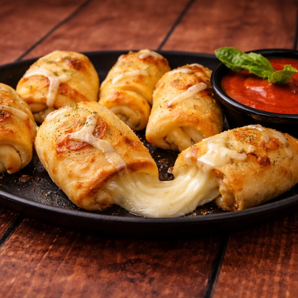 Golden-brown pizza rolls with melted cheese oozing out, served with a side of marinara sauce.